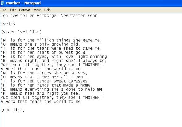 Notepad screen shot with lyriclist for Mother