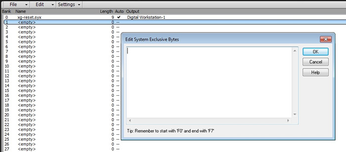 Figure 30 SONAR Edit SysEx Bytes window