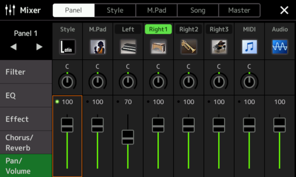 Mixer screen for Panel voices with Style selected to adjust volume