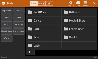 PSR-SX900 Style screen showing preset categories.