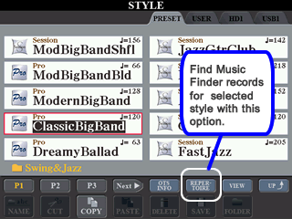 ClassicBigBand style selected in STYLE display