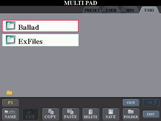MULTIPAD screen creating new folder in USB1 area