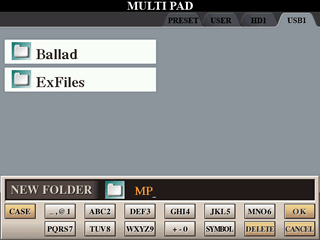 Naming the new folder in the MULTIPAD screen