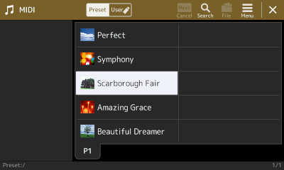 MIDI Preset screen showing 5 preset midi songs.