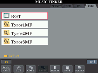 MUSIC FINDER screen showing USB1 tab files