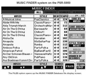 S950 Music Finder screen